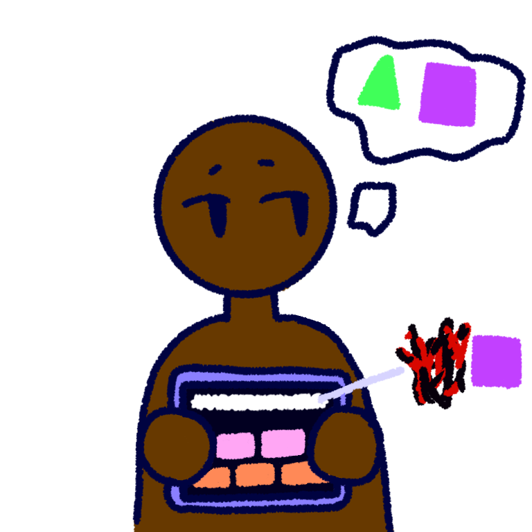 A dark skinned person holding an AAC device. They are thinking of a green triangle and a purple square, and the AAC is saying a garbled mess (represented by red and black scribbled) and a purple square.